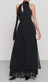 Yen Layered High Neck Floss Silk maxi Dress in black