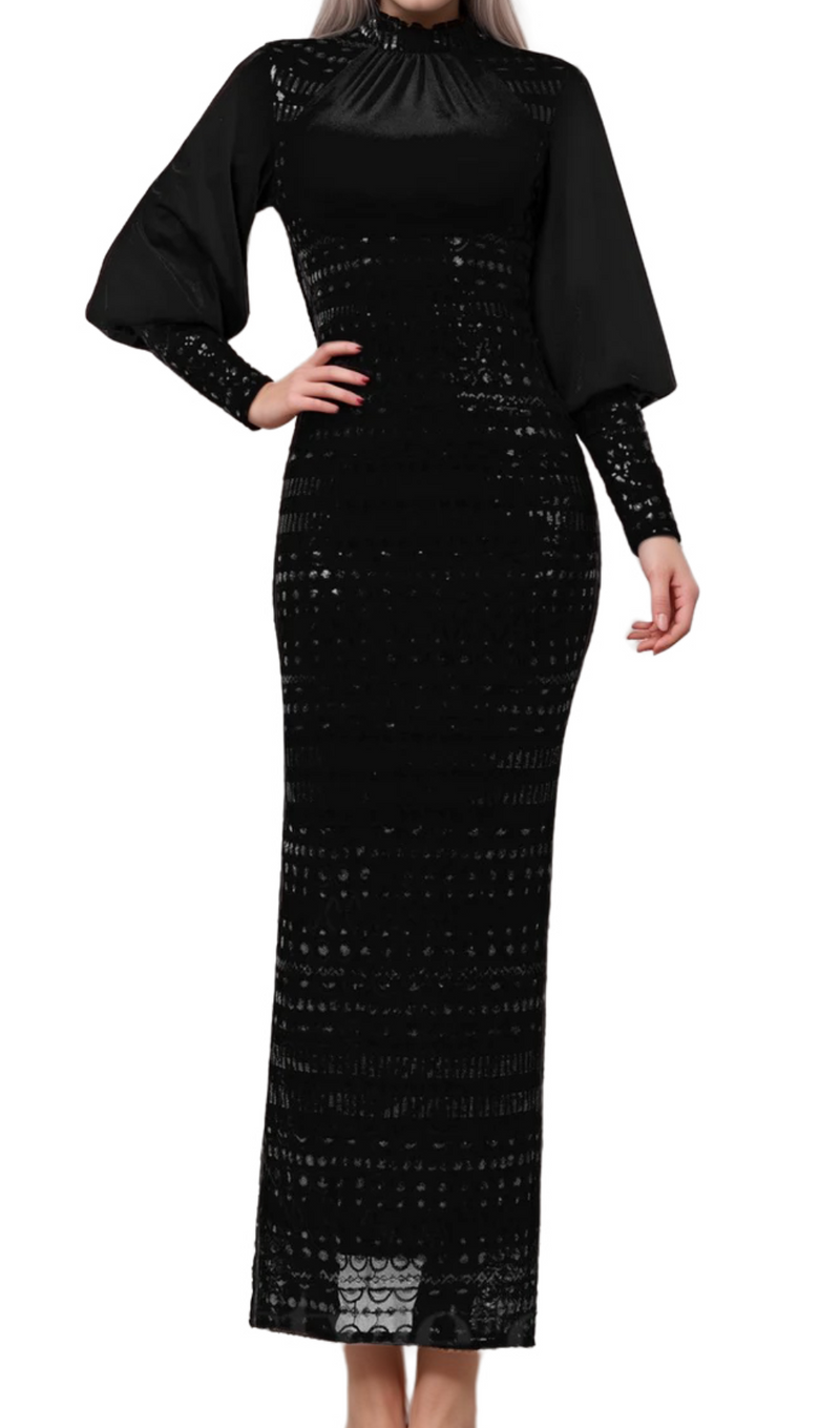 beatrice sequin long sleeve maxi dress in black