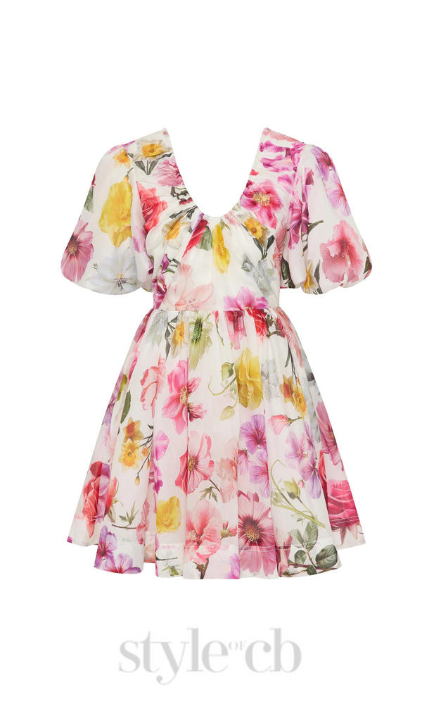 vanessa puff sleeve collage fleur mini dress