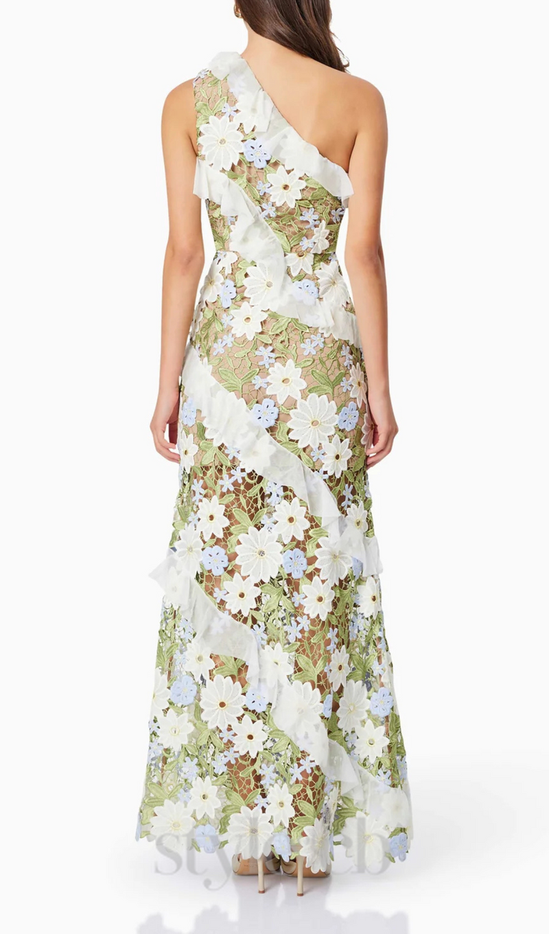 Floral One Shoulder Lace Maxi Dress in Green