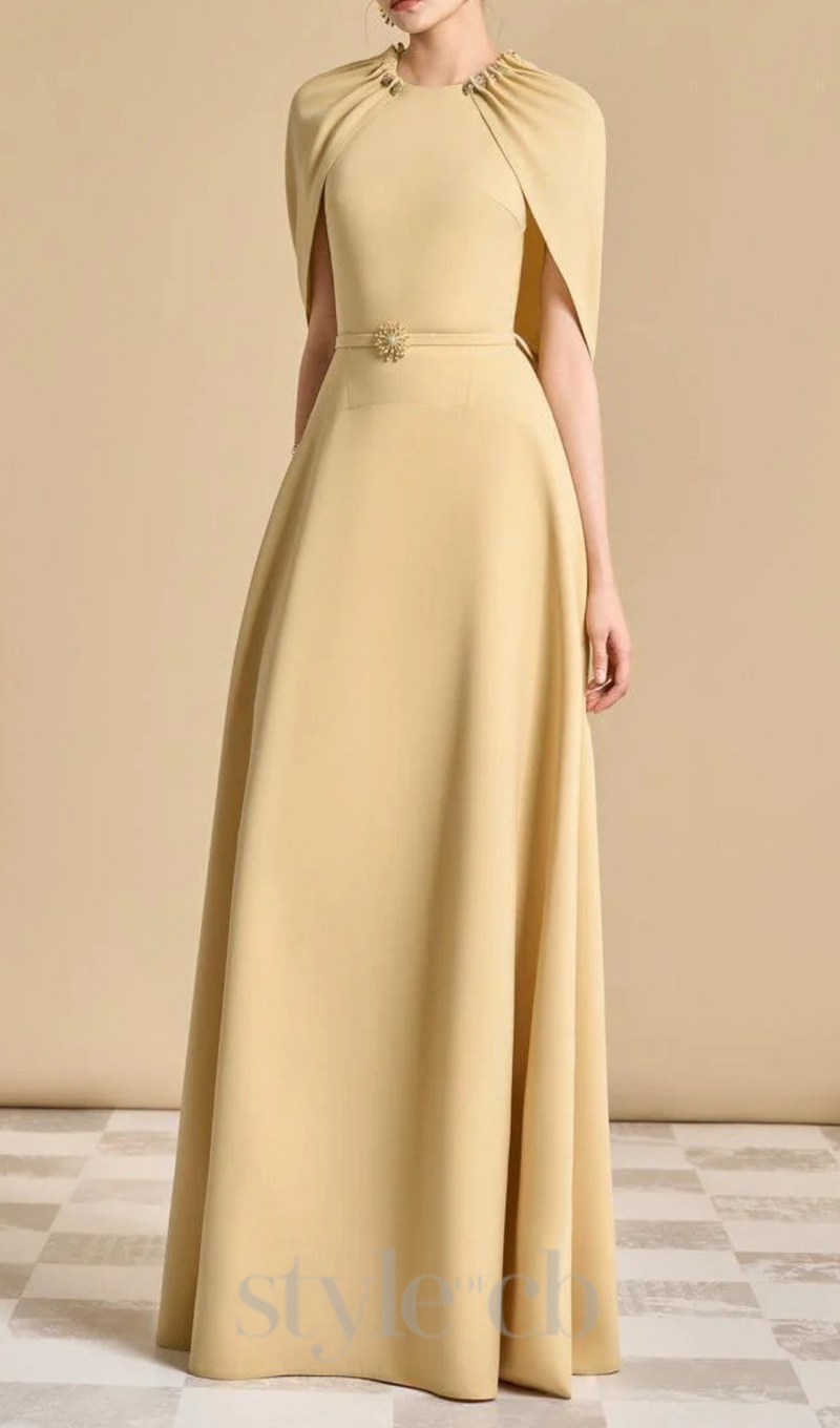 Jasmine A-line Cape Sleeved maxi Dress in yellow beige