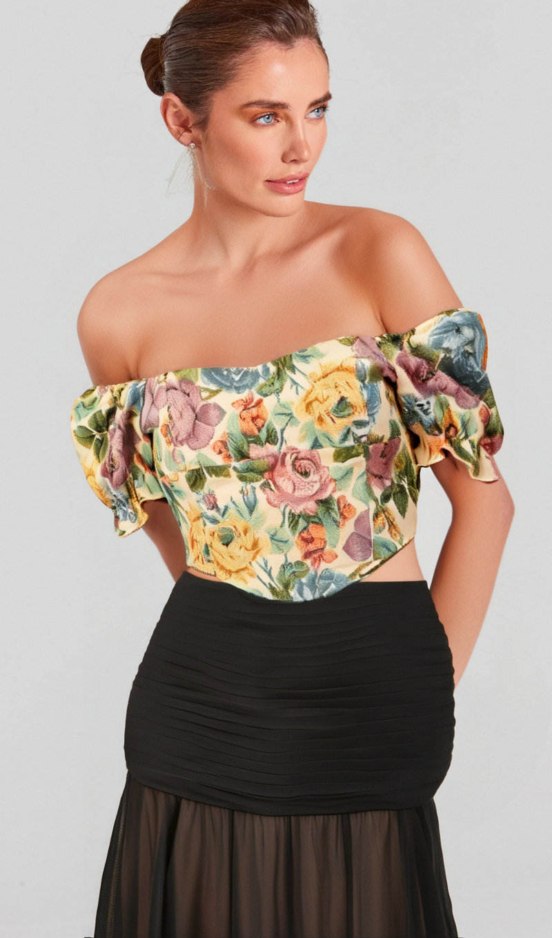 Constance floral-print jacquard cropped top