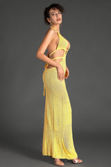 BIRIDI HALTER SHEER KNIT DRESS IN YELLOW