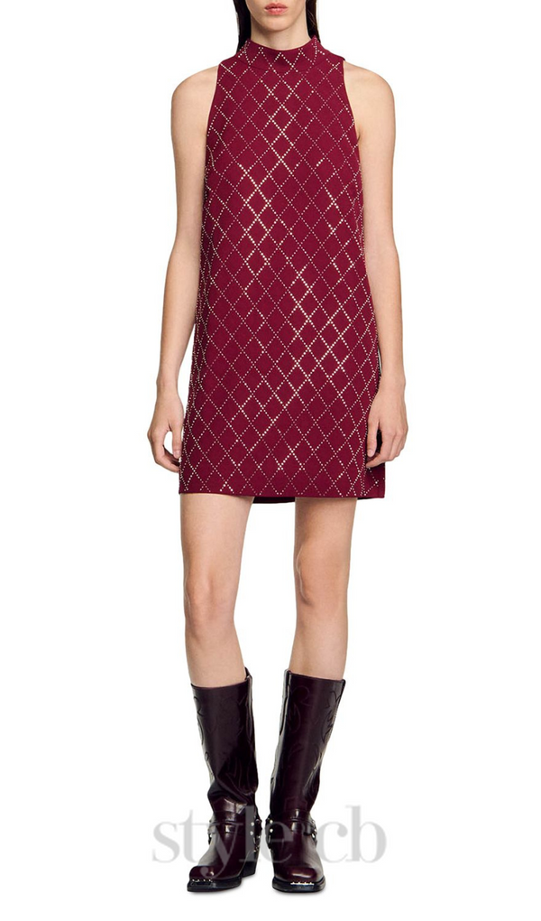 RIVA DIAMOND-SHAPED RHINESTONE PATTERN BORDEAUX MINI DRESS