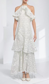 LYNN GARDENIA GUIPURE LACE RUFFLE GOWN IN WHITE