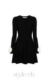 CHERYL 3D FLOWER ROUND NECK LONG SLEEVE BLACK MINI DRESS