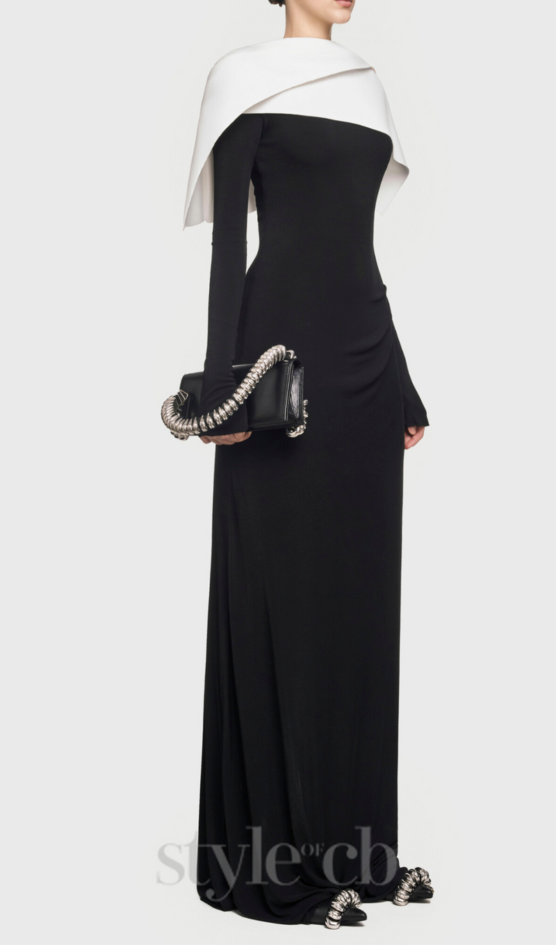 black maxi dress with draped asymmetrical shoulder pleat