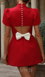 FANNY BACK CUT-OUT BOWKNOT RED MINI DRESS