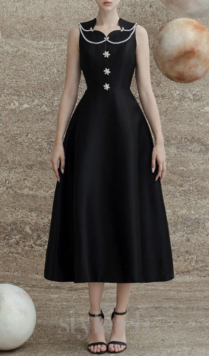 PEARL EMBELLISHED A LINE MIDI DRESS IN BLACK