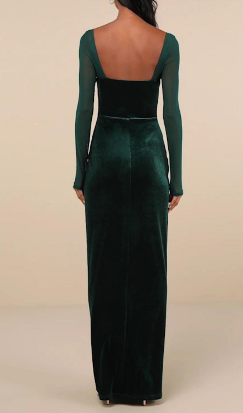 certifiably emerald velvet mesh long sleeve maxi dress