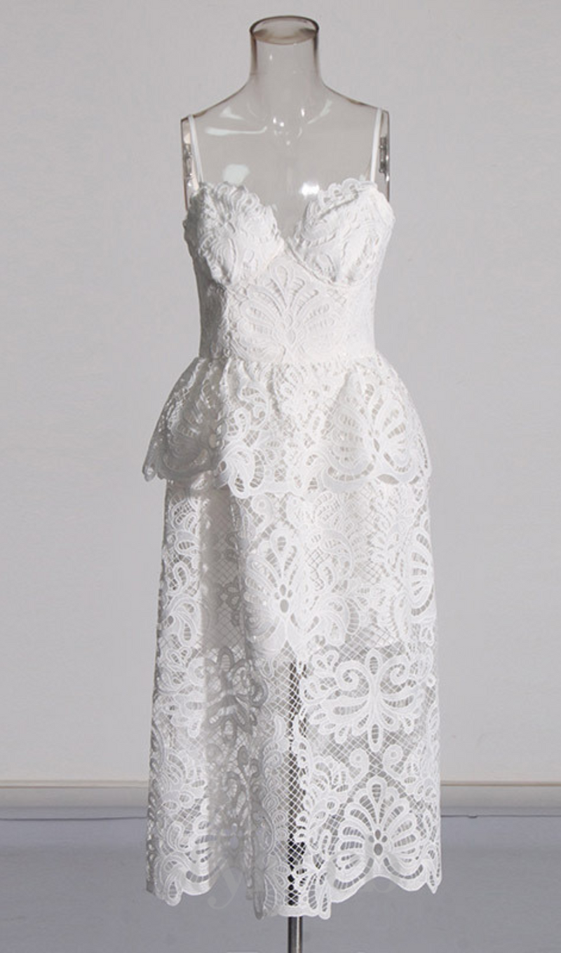 EVELYN CUT OUT LACE LAYERING MIDI DRESS IN WHITE