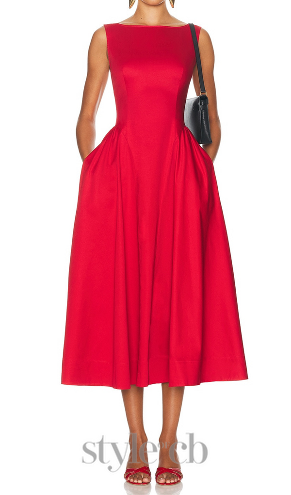 Stretch Cotton Sateen Midi Dress in red