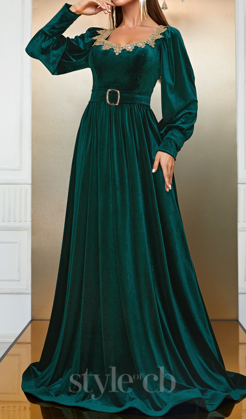 ATHENA VELVET LANTERN SLEEVE MAXI DRESS IN DARK GREEN