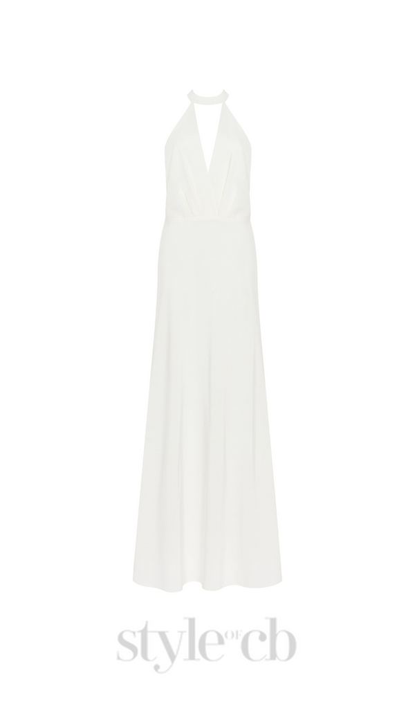 RACHEL WHITE HALTER SATIN BACK CUTOUT MAXI DRESS