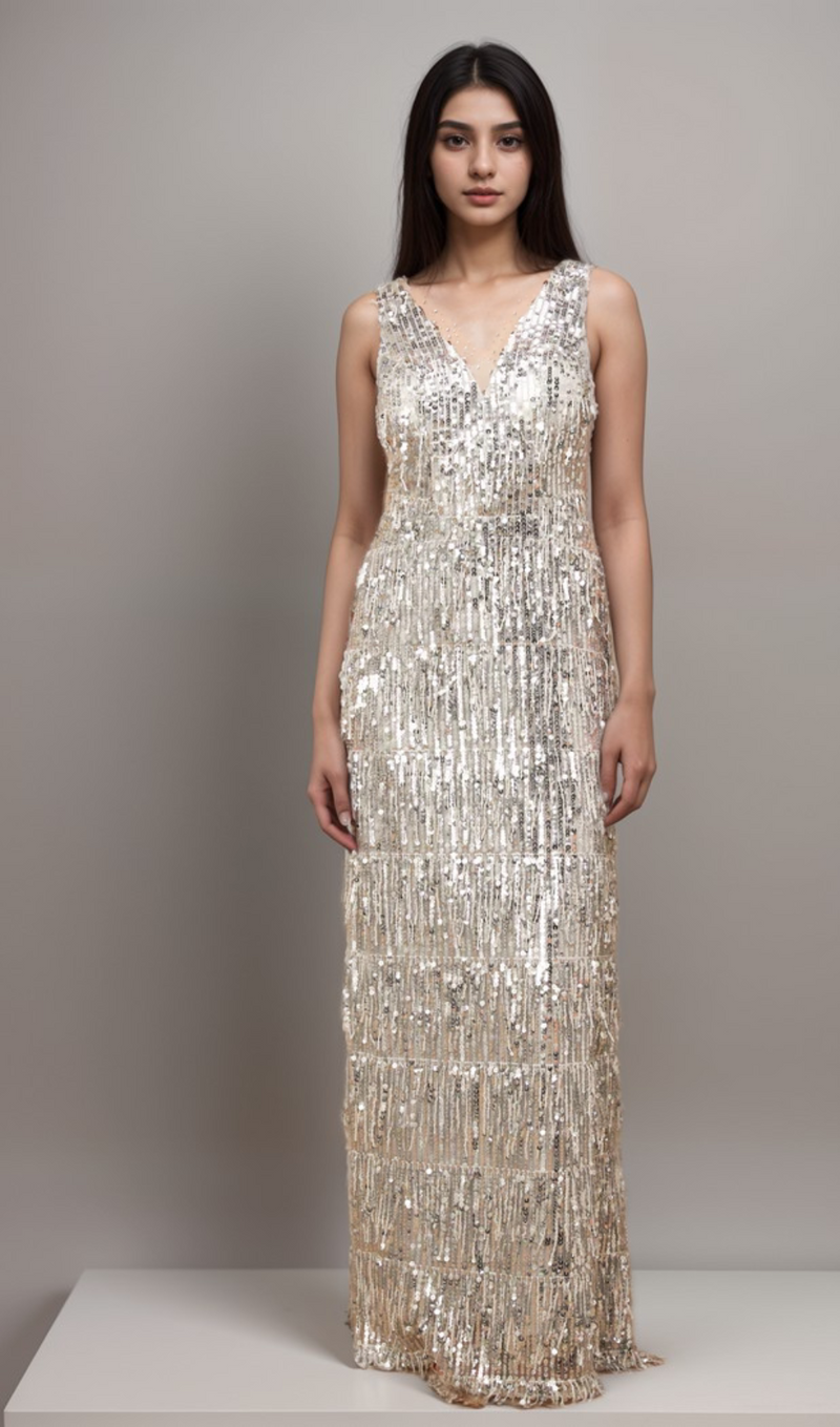 Denise silver sleeveless fringed sequined maxi dress