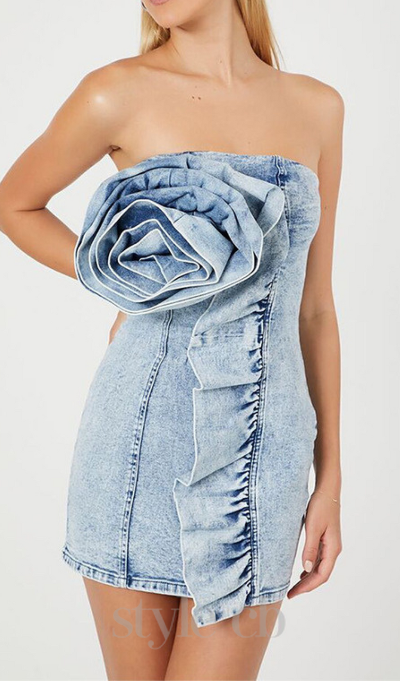 ALISON BLUE RUFFLED TRIM STRAPLESS DENIM MINI DRESS