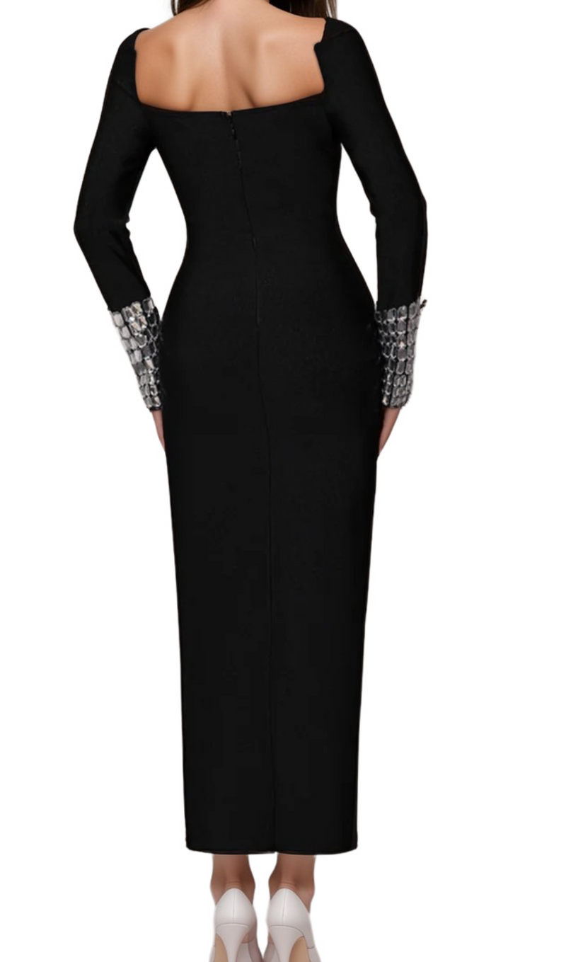 breenda square neck diamond tight bandage maxi dress in black