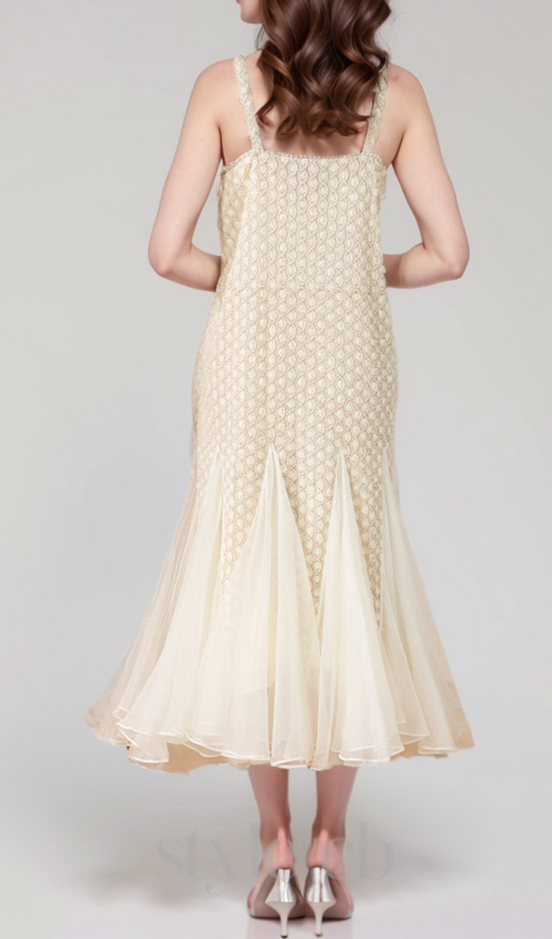 SYLVIA BEIGE EMBROIDERED SPLICING SLEEVELESS MIDI DRESS