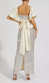 MARIA APRICOT BOW SEQUINS EMBELLISHED MAXI DRESS