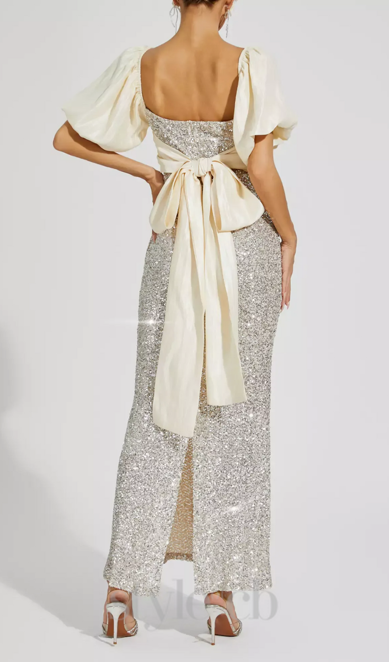 MARIA APRICOT BOW SEQUINS EMBELLISHED MAXI DRESS