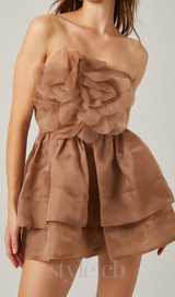 ALISA FLOWER TULLE STRAPLESS MINI DRESS IN BROWN