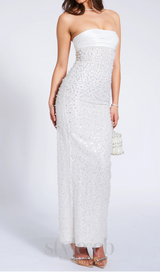 WHITE SATIN SEQUIN PEARLS BEADED MAXI DRESS