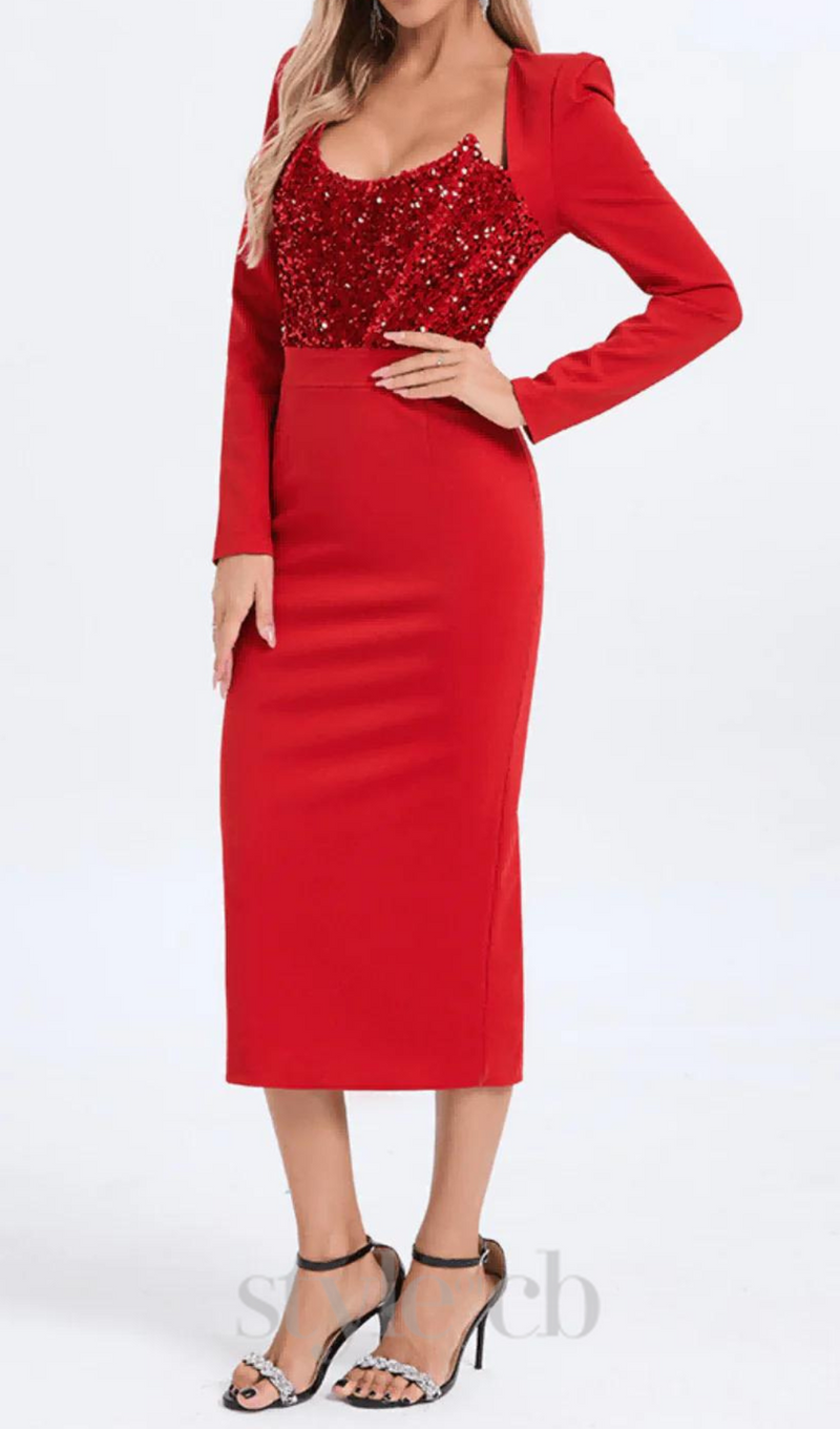 MELISSA LONG SLEEVE PATCHWORK SEQUIN MIDI DRESS IN RED