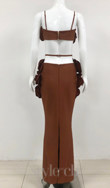 EVANGELINE 3D FLOWER CROP TOP SKIRT SET IN BROWN