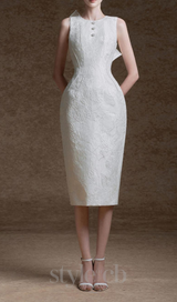 ALEXANDRA PEGGED BACK SLIT BROCADE MIDI DRESS IN WHITE