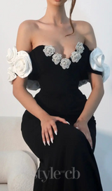 BEATRICE BLACK OFF SHOULDER 3D FLOWERS BODYCON BANDAGE MAXI DRESS