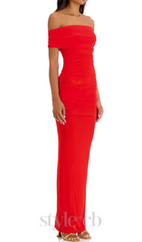 SHERRY OFF-SHOULDER TULLE BANDAGE MAXI DRESS IN RED