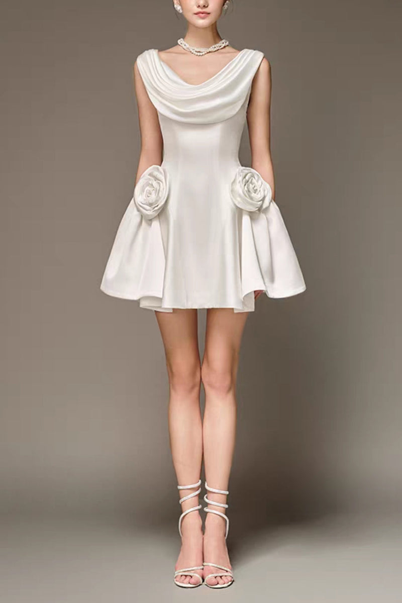 3d flower Pleated Sleeveless Mini Dress
