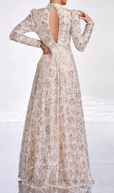 Long Sleeve Lace Back Sequin maxi Dress in gold