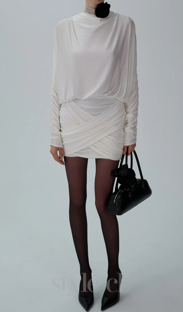 Long-sleeve jersey mini dress in cream