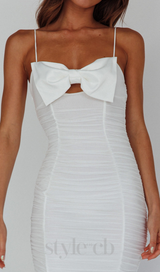 bow ruched midi dress in white