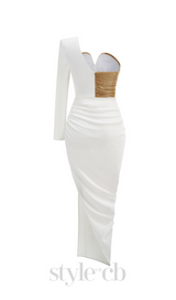 Rose Details High Sut Maxi Dress in gold white