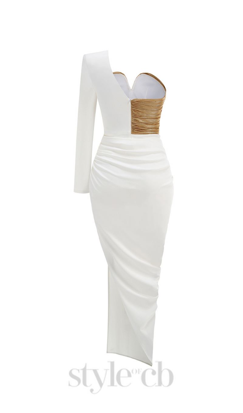 Rose Details High Sut Maxi Dress in gold white