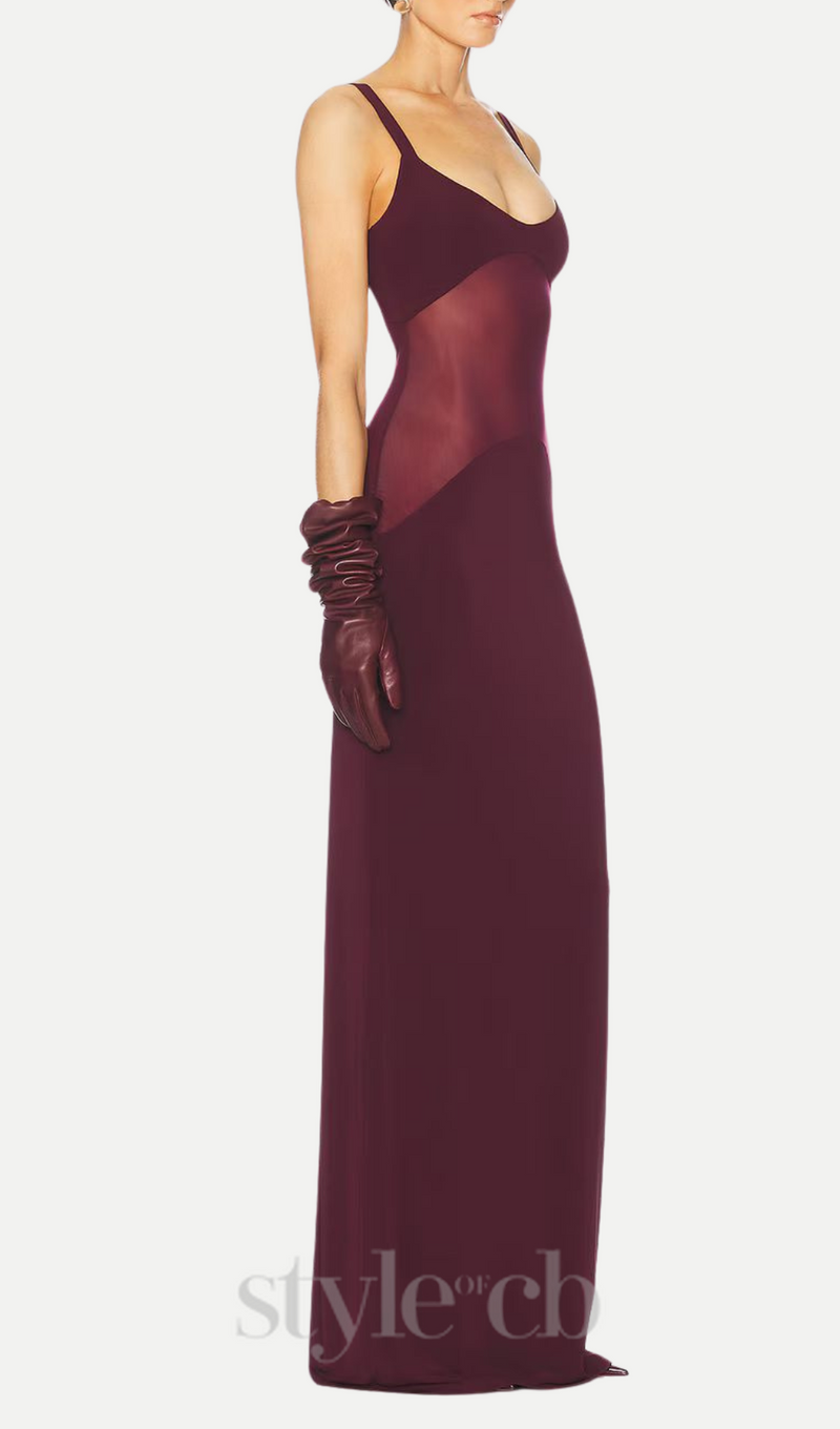 sheer knit curve maxi dress in merlot