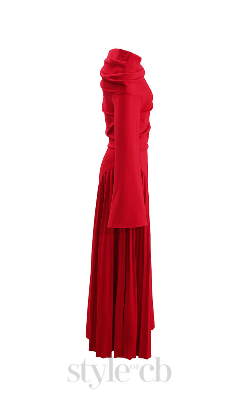 ALBERTA RED ONE SHOULDER SLIT PLEATED MAXI DRESS