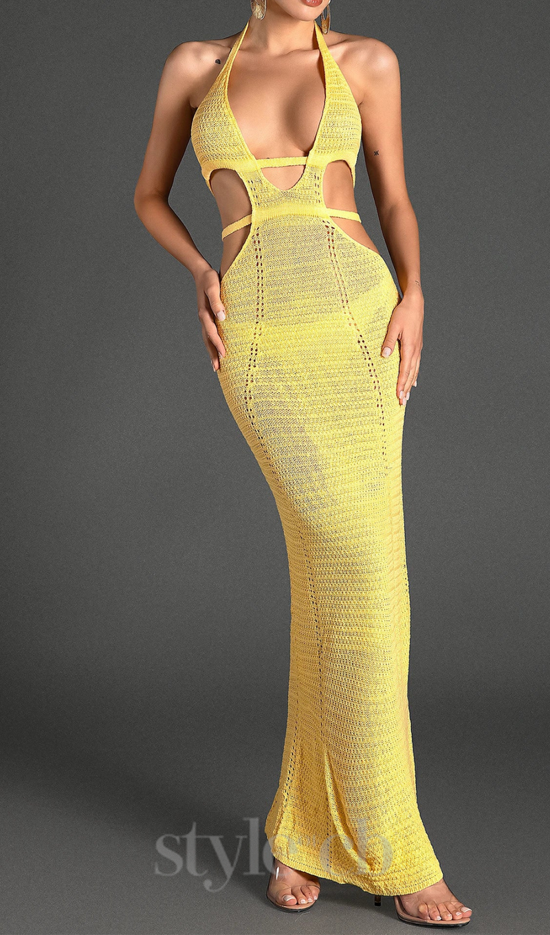 BIRIDI HALTER SHEER KNIT DRESS IN YELLOW