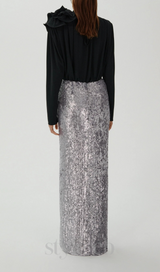 ELVIRA FLORAL-APPLIQUÉ SEQUINED MAXI SKIRT IN SLIVER