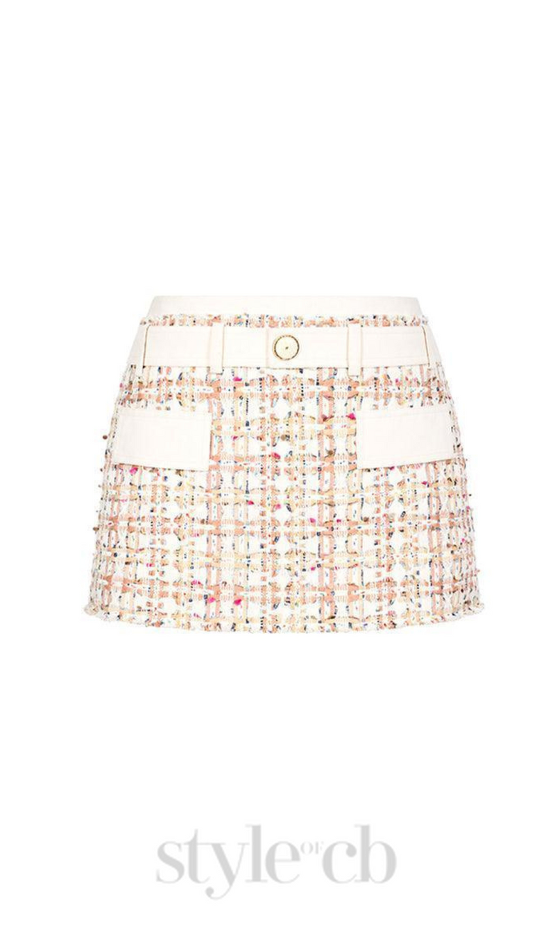 Carlin patchwork Tweed mini skirt in pink