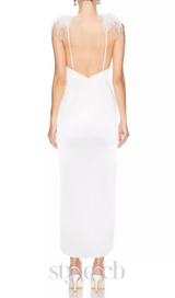 SIBYL FEATHER SLEEVELESS MIDI DRESS IN WHITE