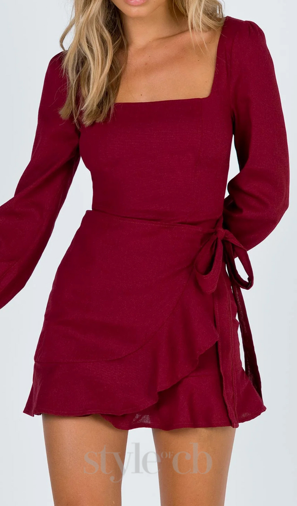 Square neckline mini dress in Burgundy