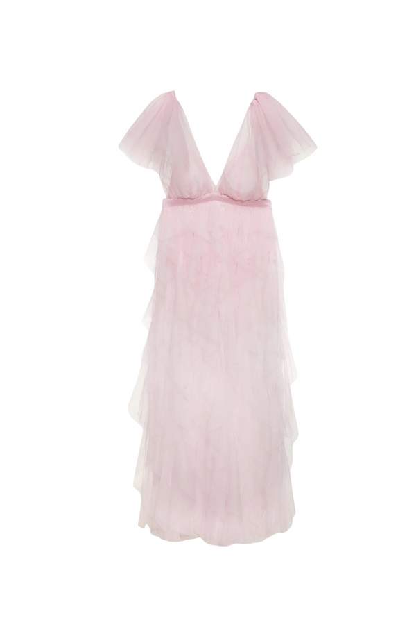 ruffle tulle atop floral lace mini dress in pink