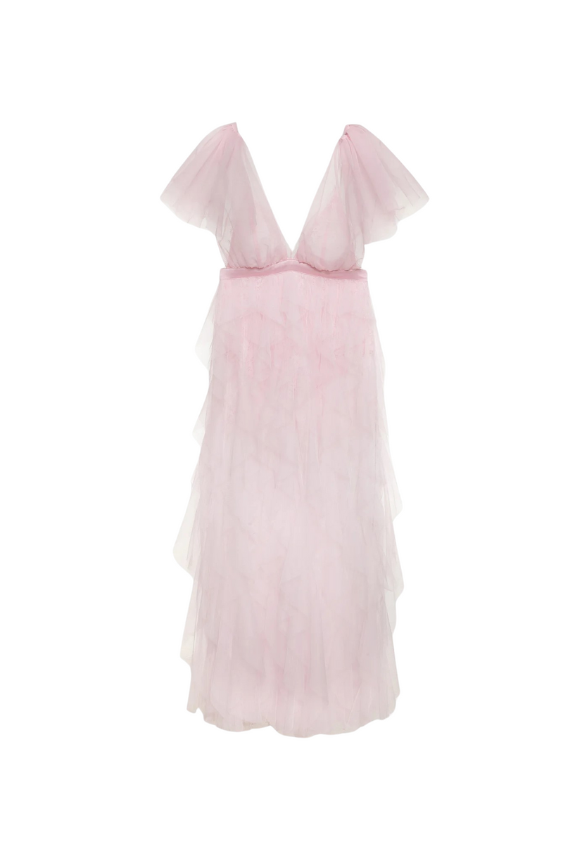 ruffle tulle atop floral lace mini dress in pink