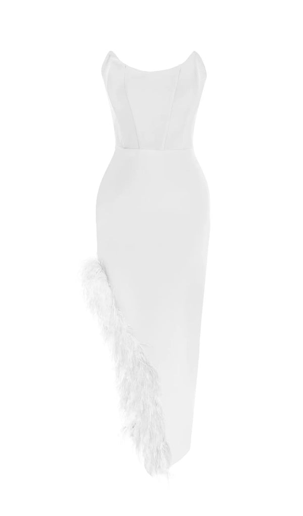 STRAPLESS FEATHER MIDI DRESS IN WHITE