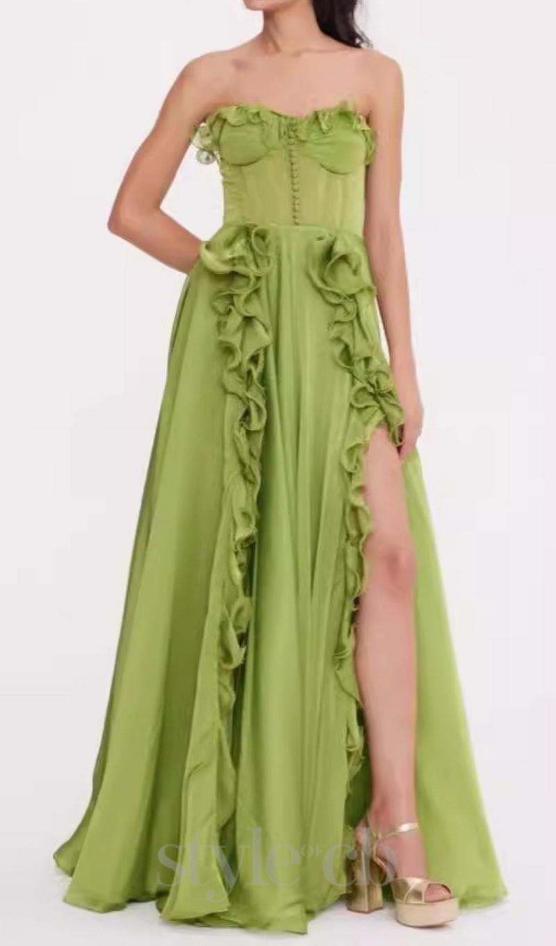 ZONA FRILL SWEETHEART NECK SLEEVELESS MAXI DRESS IN GREEN