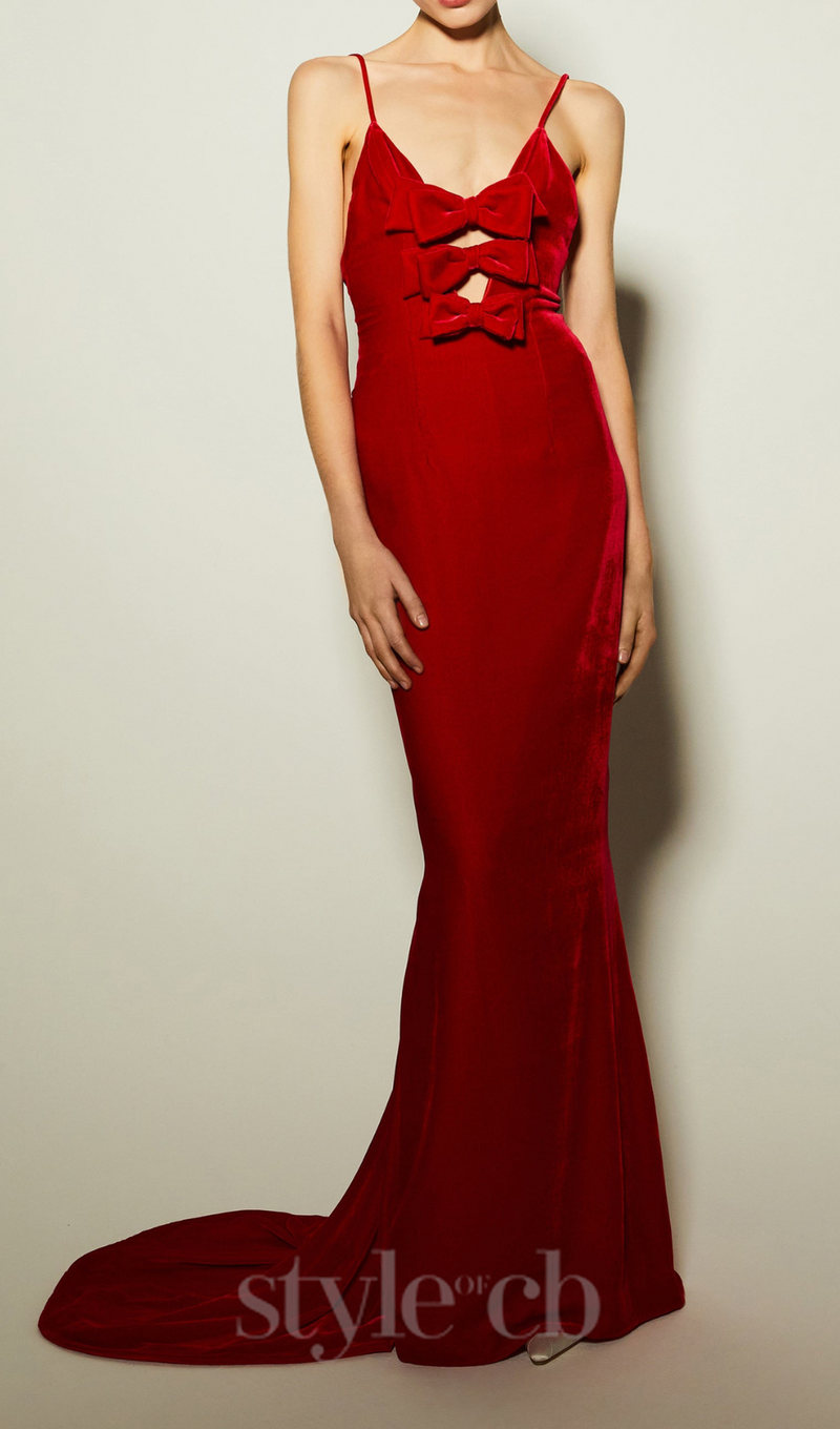 HILDA BOW-EMBELLISHED VELVET GOWN IN RED