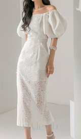 NATALIE PUFF SLEEVE OFF SHOULDER WHITE LACE MIDI DRESS